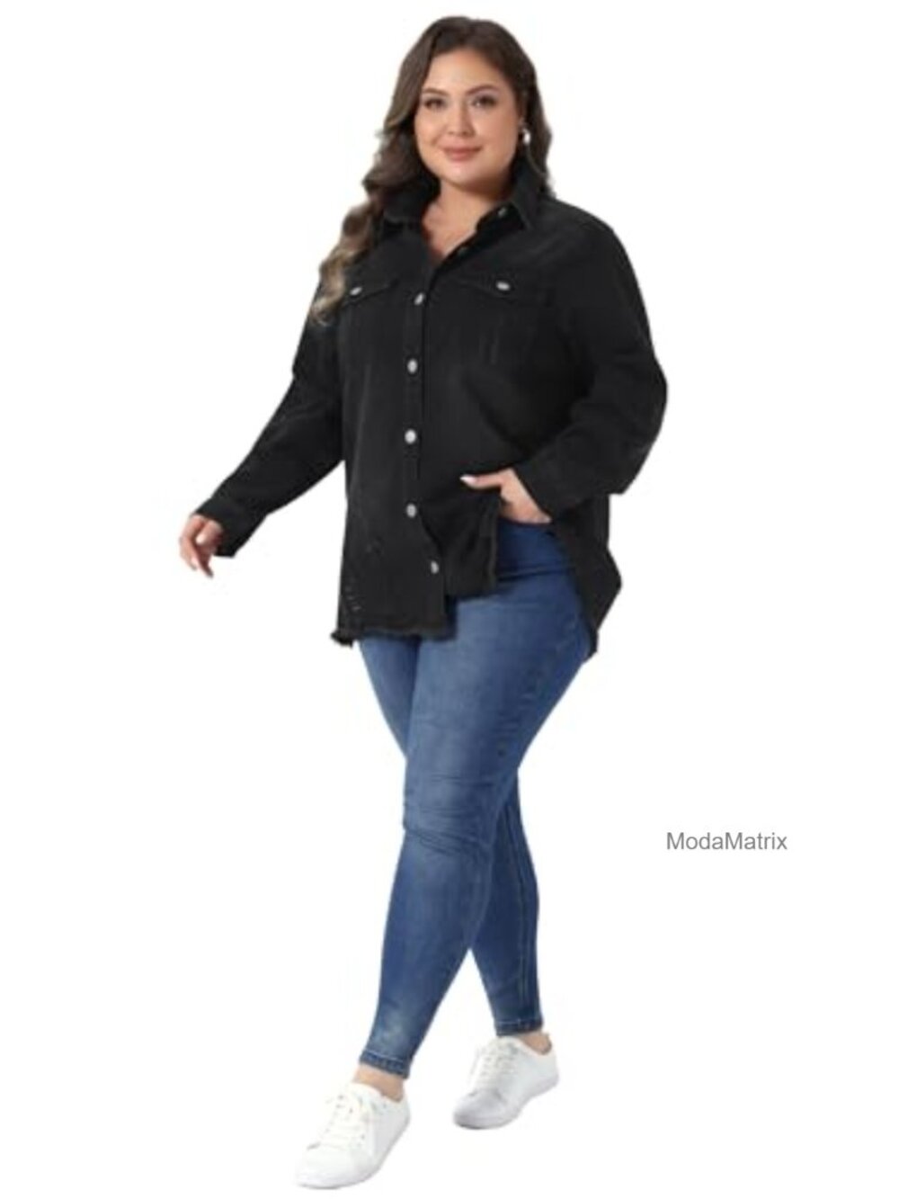 Plus Size Denim Jacket Long Sleeve Button Down Distressed Raw Hem Oversized - Picture 2 of 6